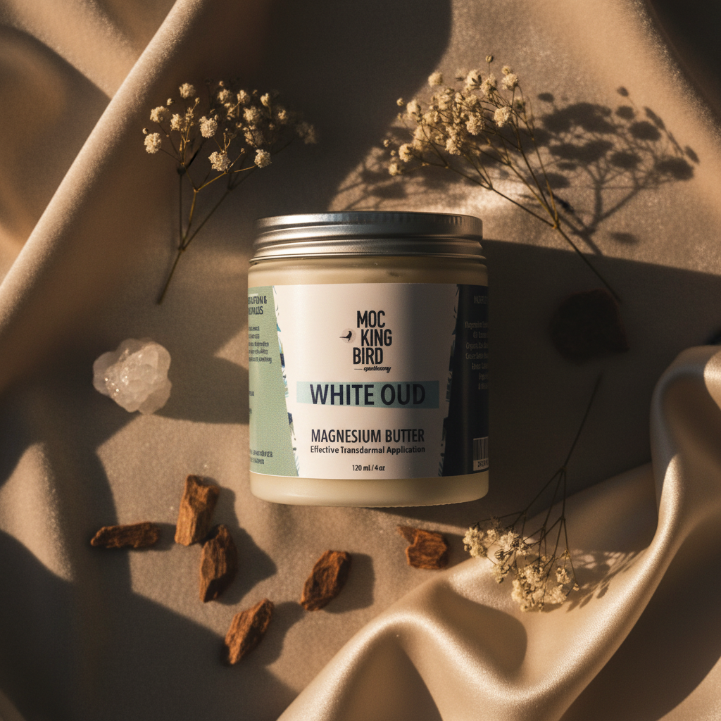 White Oud Magnesium Butter flat lay on dark velvet with oud wood chips, white crystal and ivory silk