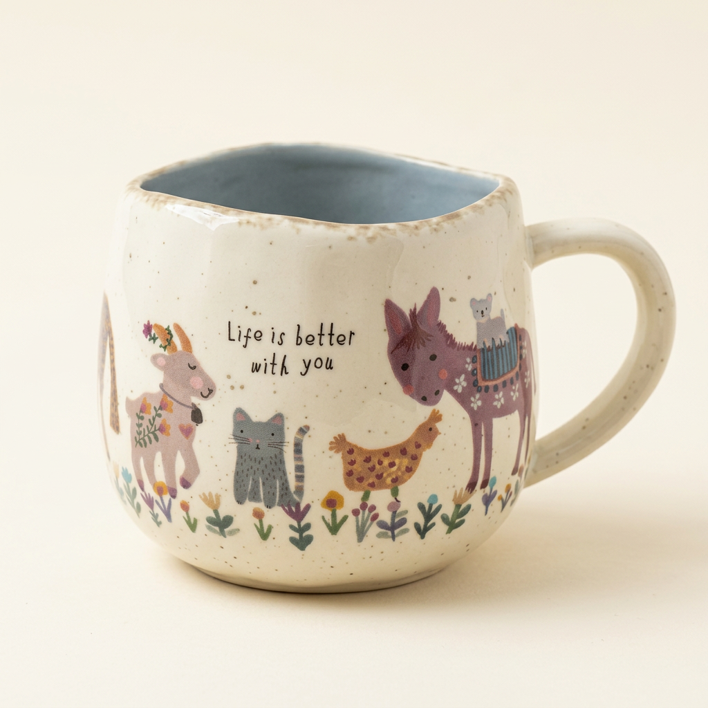 Life Is Better With You farm animal mug with blue interior on an ivory background