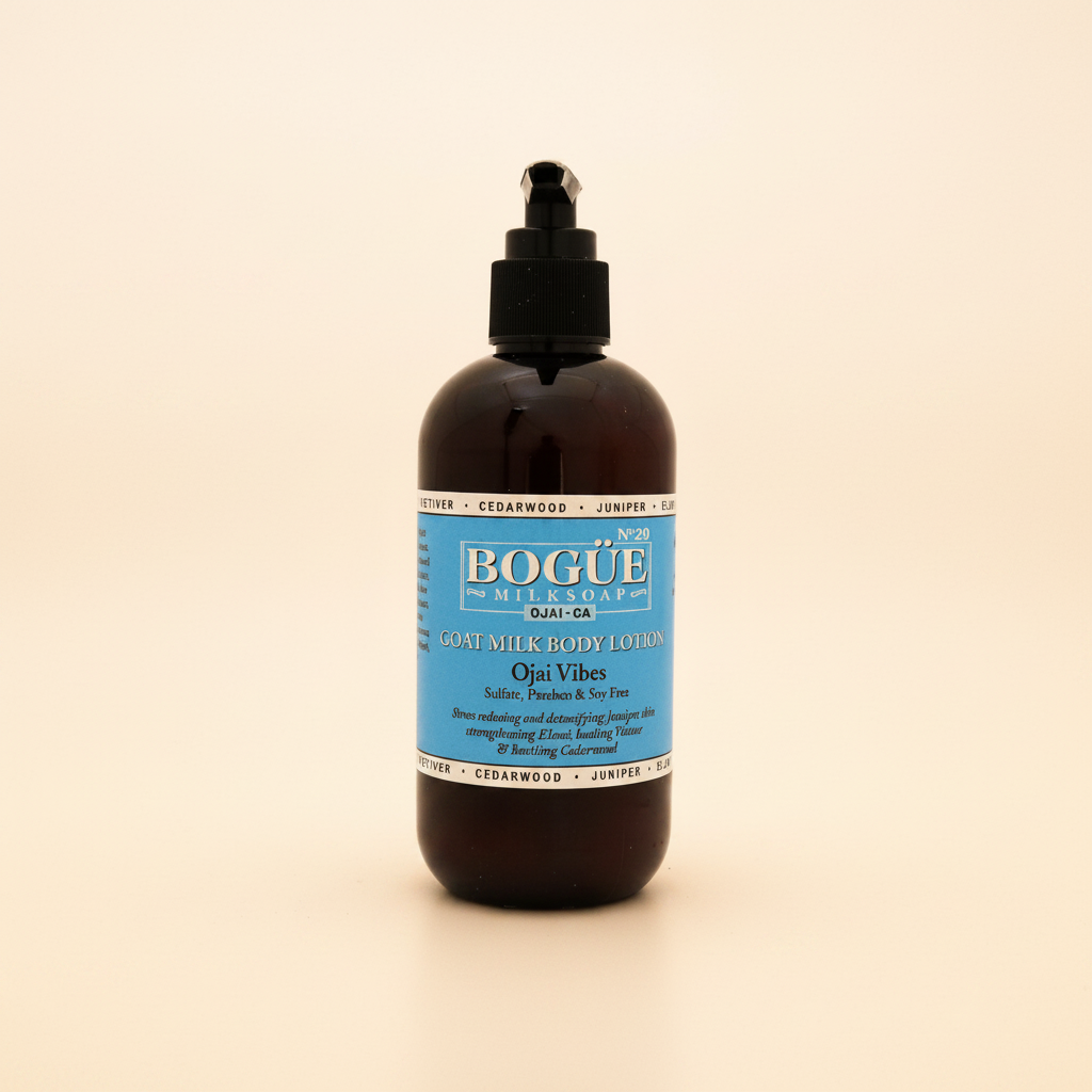 Bogüe Milk Soap No.29 Ojai Vibes Goat Milk Body Lotion – hero on warm amber background