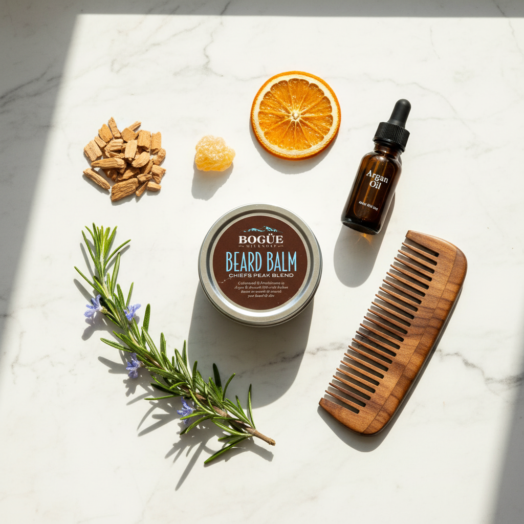 Bogüe Milk Soap Chief’s Peak Beard Balm – lifestyle flat lay with cedarwood, frankincense, rosemary and beard comb