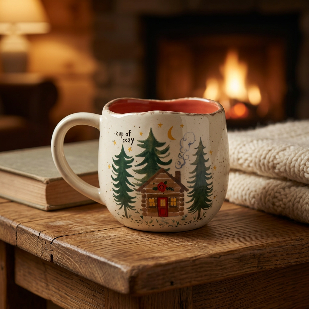 Cup of Cozy cabin coffee mug beside a book and knitted blanket in a warm fireside setting