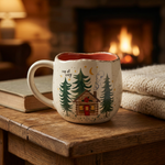 Cup of Cozy cabin coffee mug beside a book and knitted blanket in a warm fireside setting