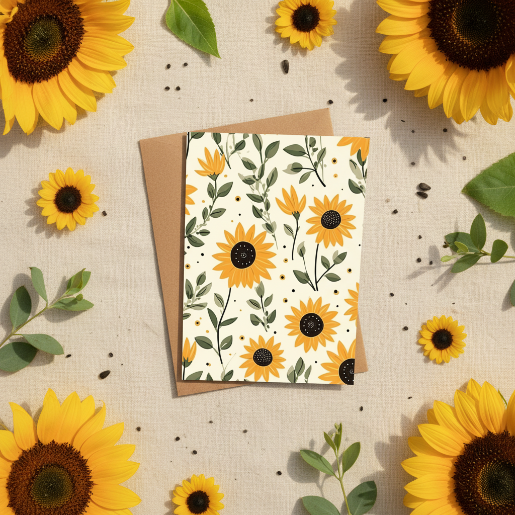 Sunflower greeting card flat lay with fresh sunflowers and greenery on linen