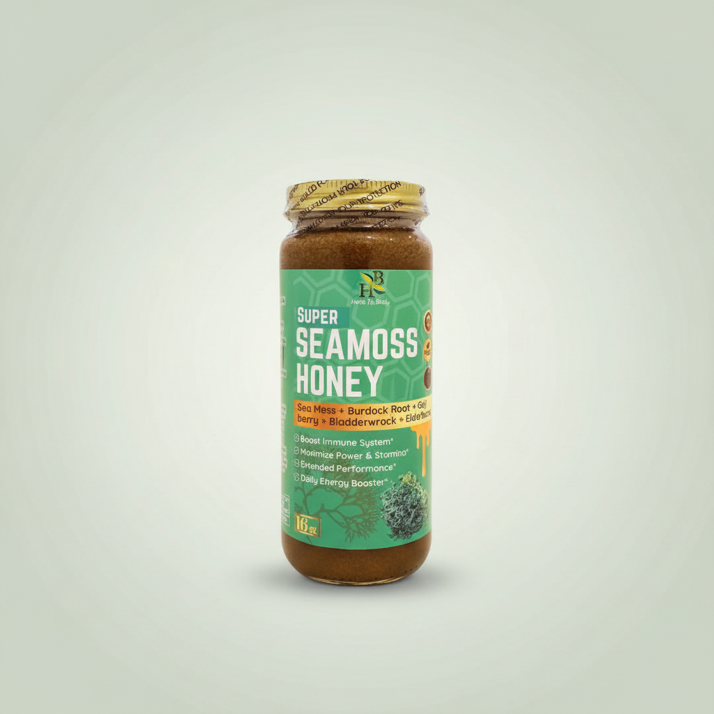 Herb To Body Super Sea Moss Honey jar on pale sage green background