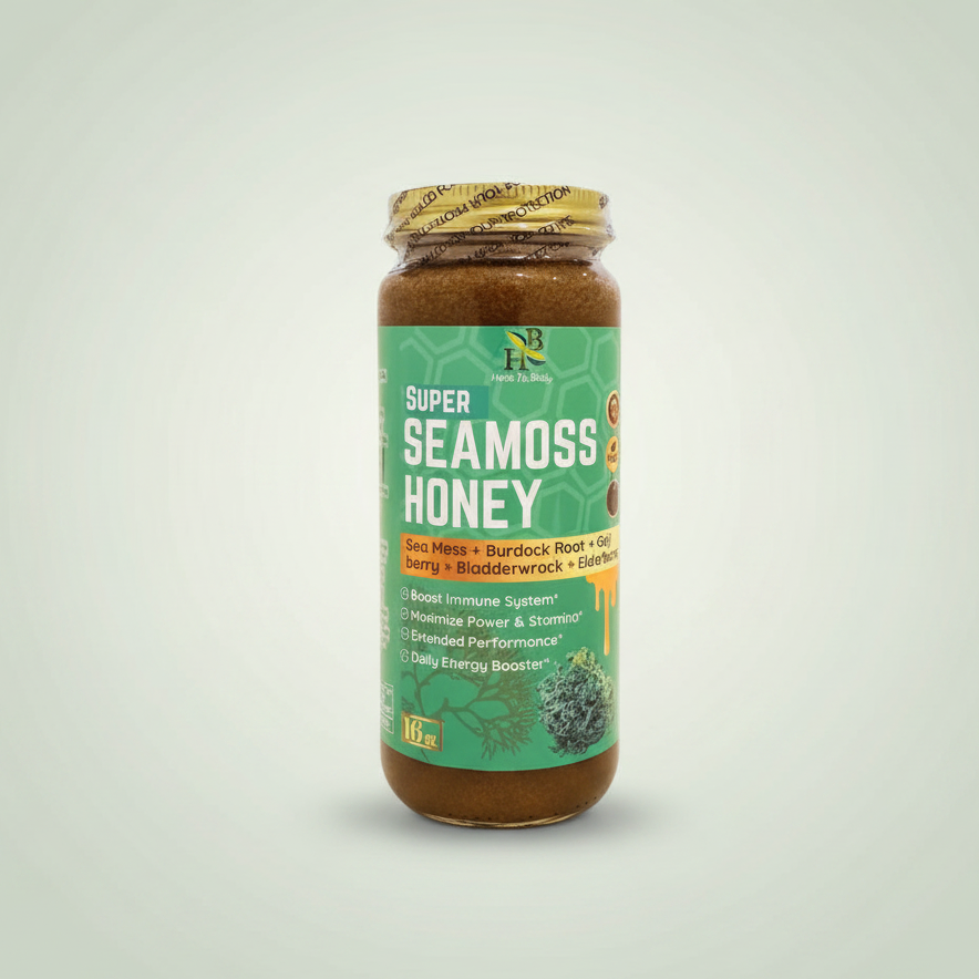Herb To Body Super Sea Moss Honey jar on pale sage green background