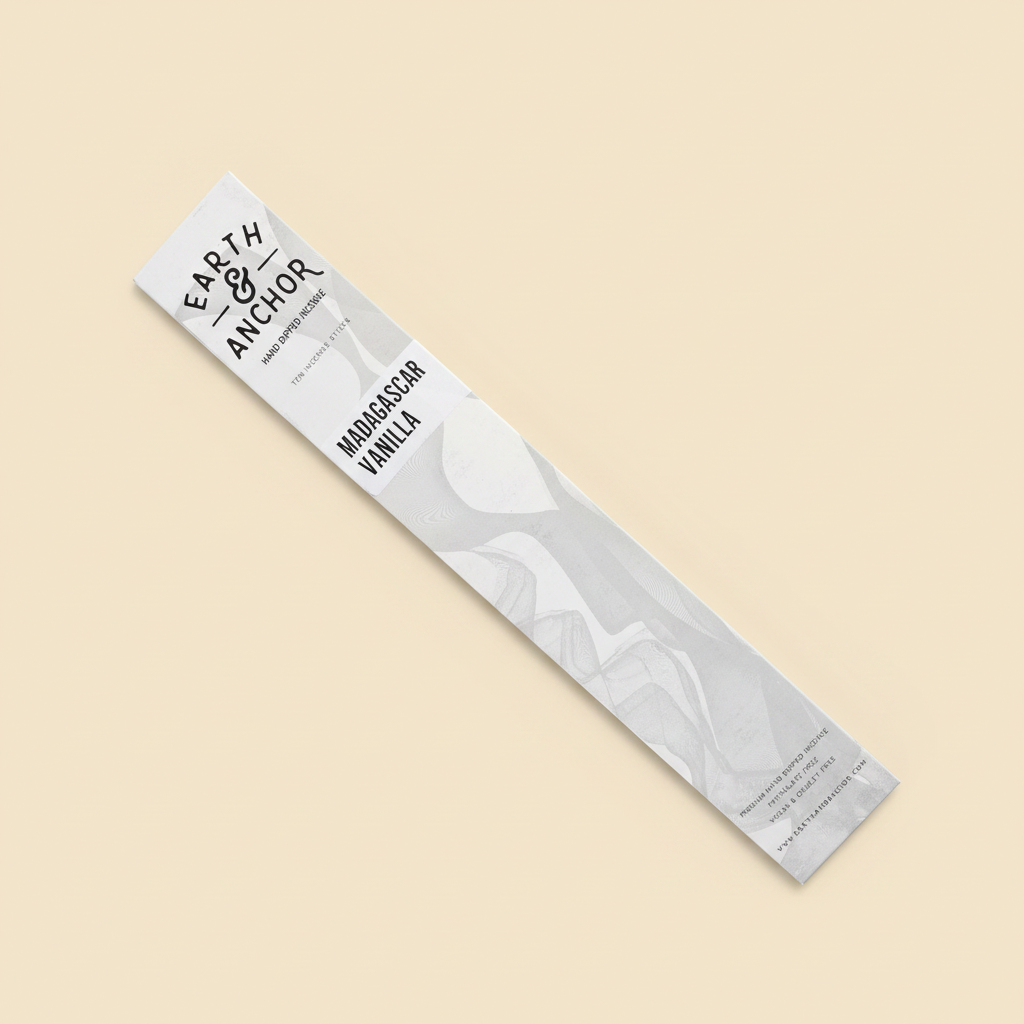 Madagascar Vanilla incense sleeve by Earth & Anchor on warm pale vanilla cream background