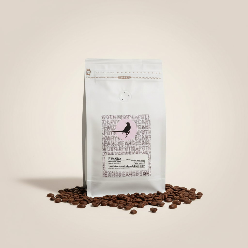 Apothecary Beans Rwanda white coffee bag on warm off-white background with coffee beans scattered at base