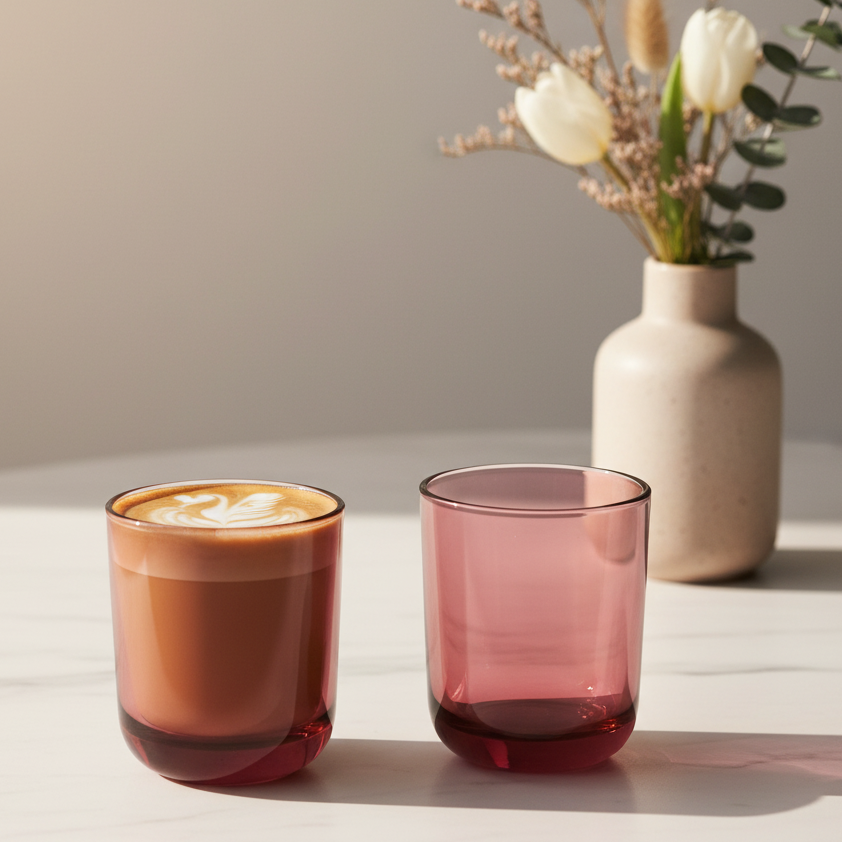 Fellow Pirch garnet double wall glass latte cups on white marble surface, one filled with latte art