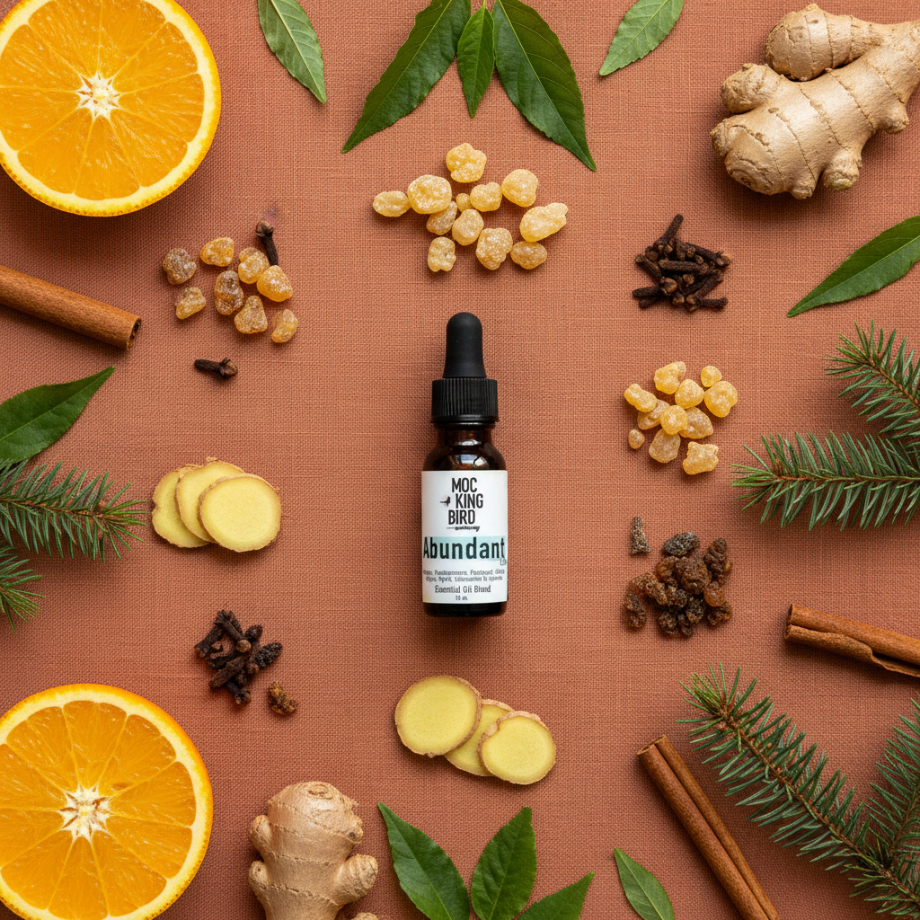Abundant Life Essential Oil Blend – flat lay on terracotta linen with full ingredient spread