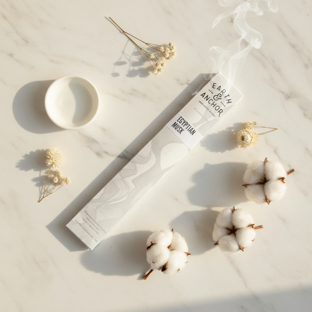 Egyptian Musk incense lifestyle flat lay with ceramic dish, dried white flowers, and cotton bolls on white marble