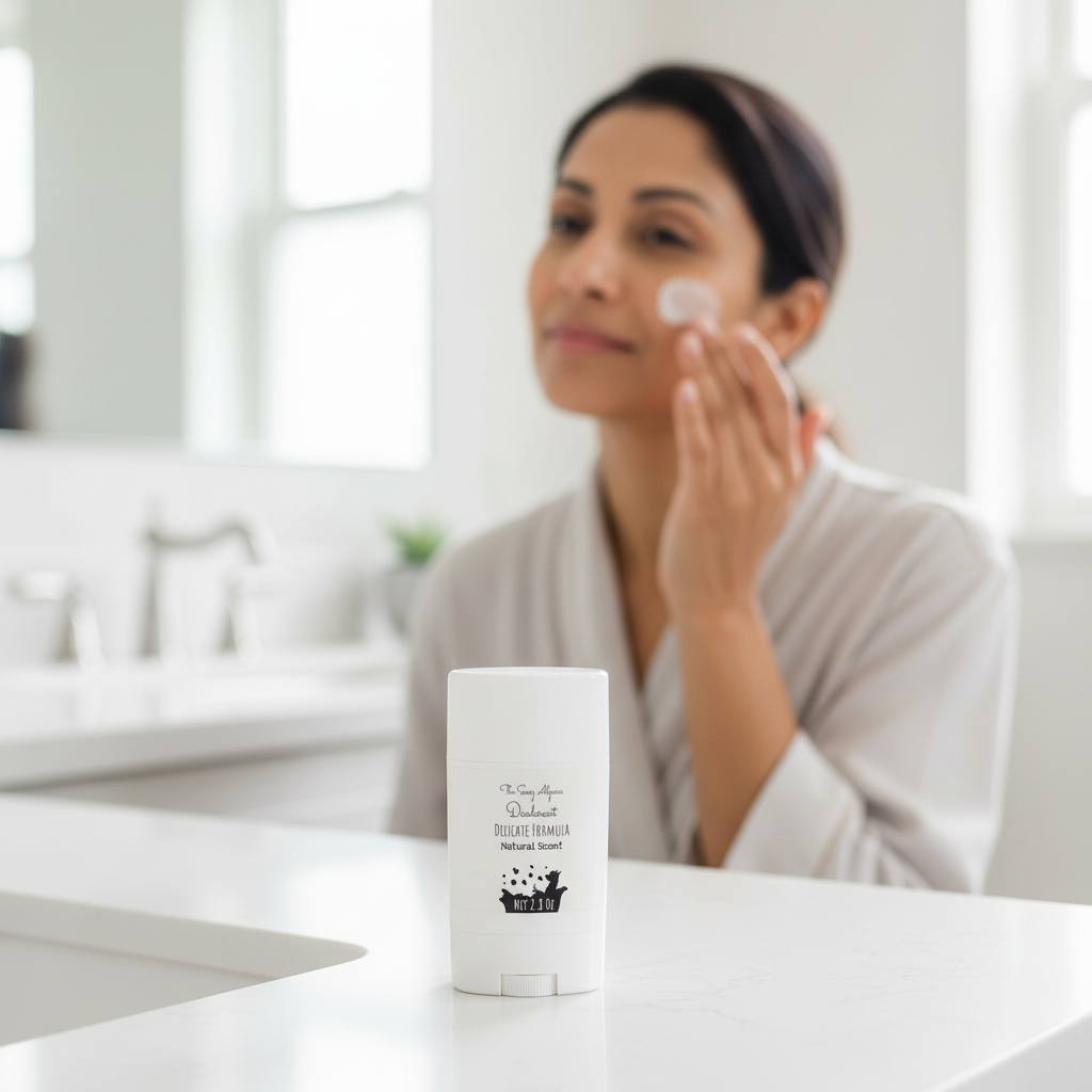 Delicate deodorant on white bathroom counter with South Asian woman doing sensitive skin morning routine in background