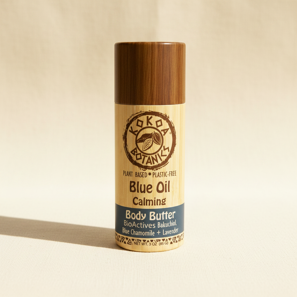 Blue Oil Calming Body Butter Stick by Kokoa Botanics on warm cream linen background