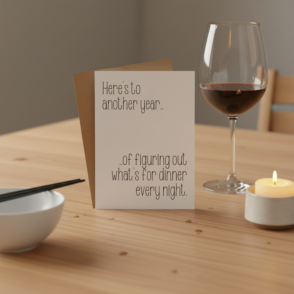 Funny anniversary card propped on a dining table with wine glass and candle