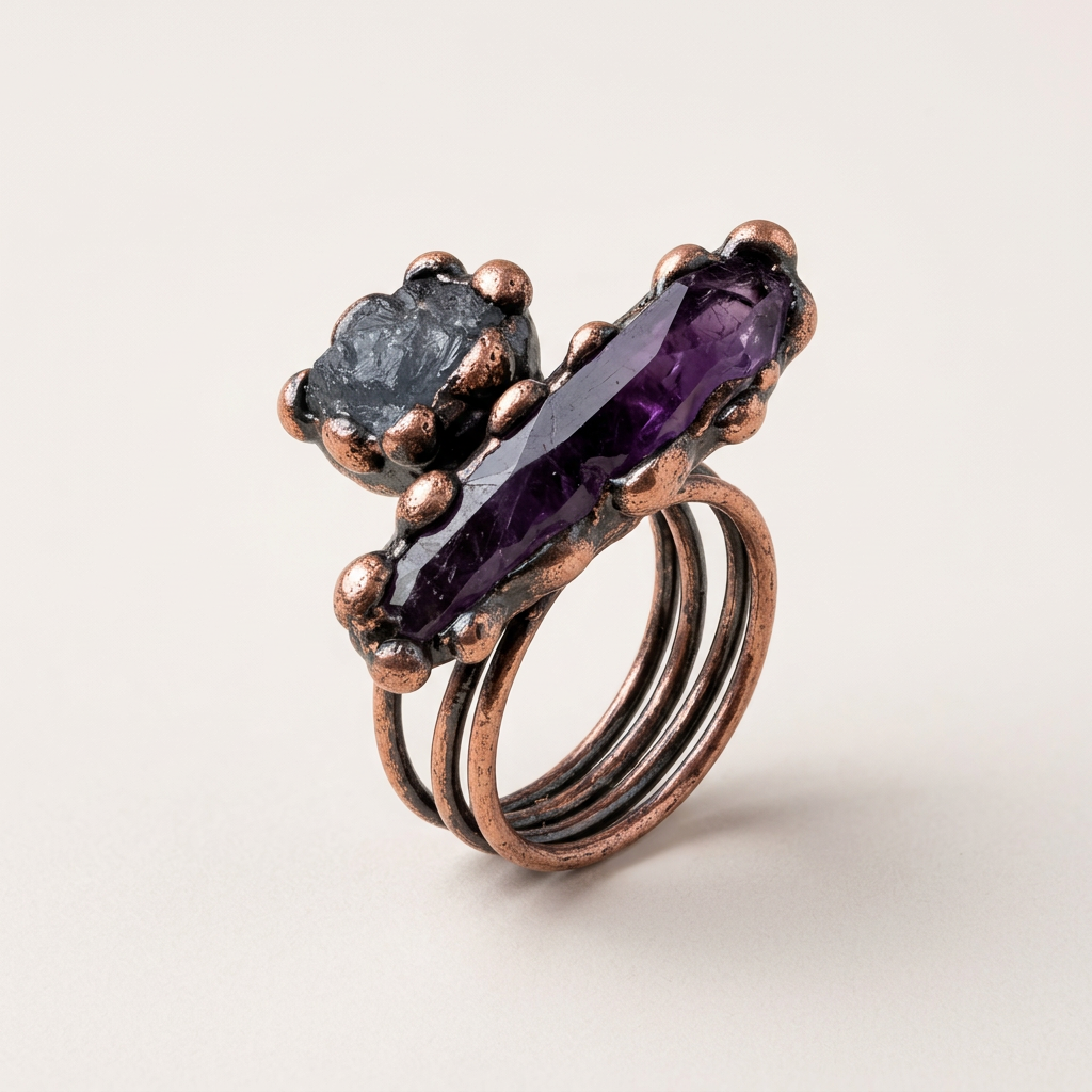 Amethyst and raw stone adjustable ring with wrapped copper wire band, front view