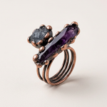 Amethyst and raw stone adjustable ring with wrapped copper wire band, front view
