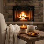 Bourbon Apple candle on cozy living room side table with knit throw, hot cider mug and fireplace glow
