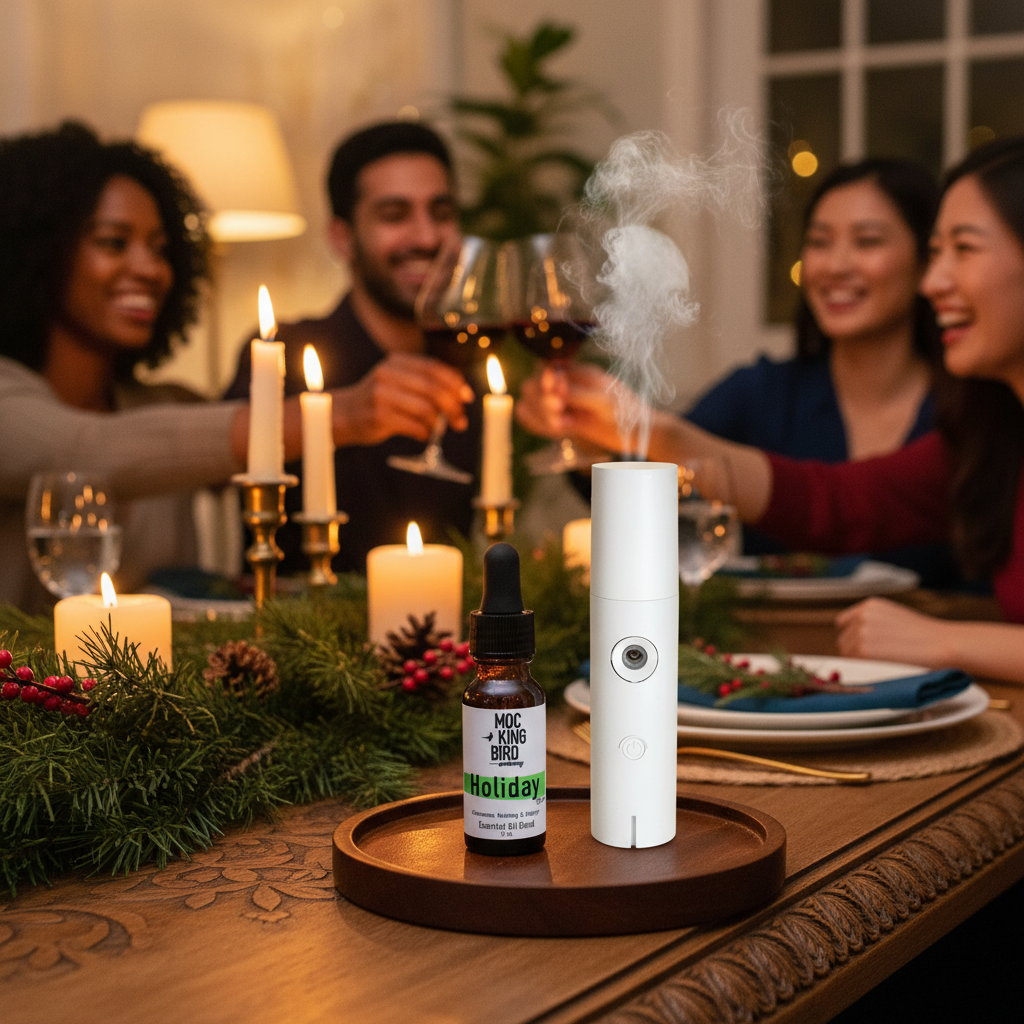 Holiday Spice Essential Oil Blend – lifestyle with AirBurst Nebulizer at festive holiday dinner party with diverse friends