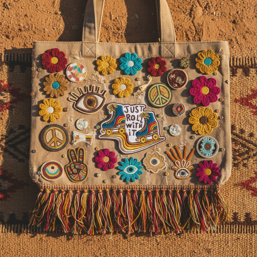 Roller skates Just Roll With It patch on tattered boho denim bag with embroidered flowers and fringe