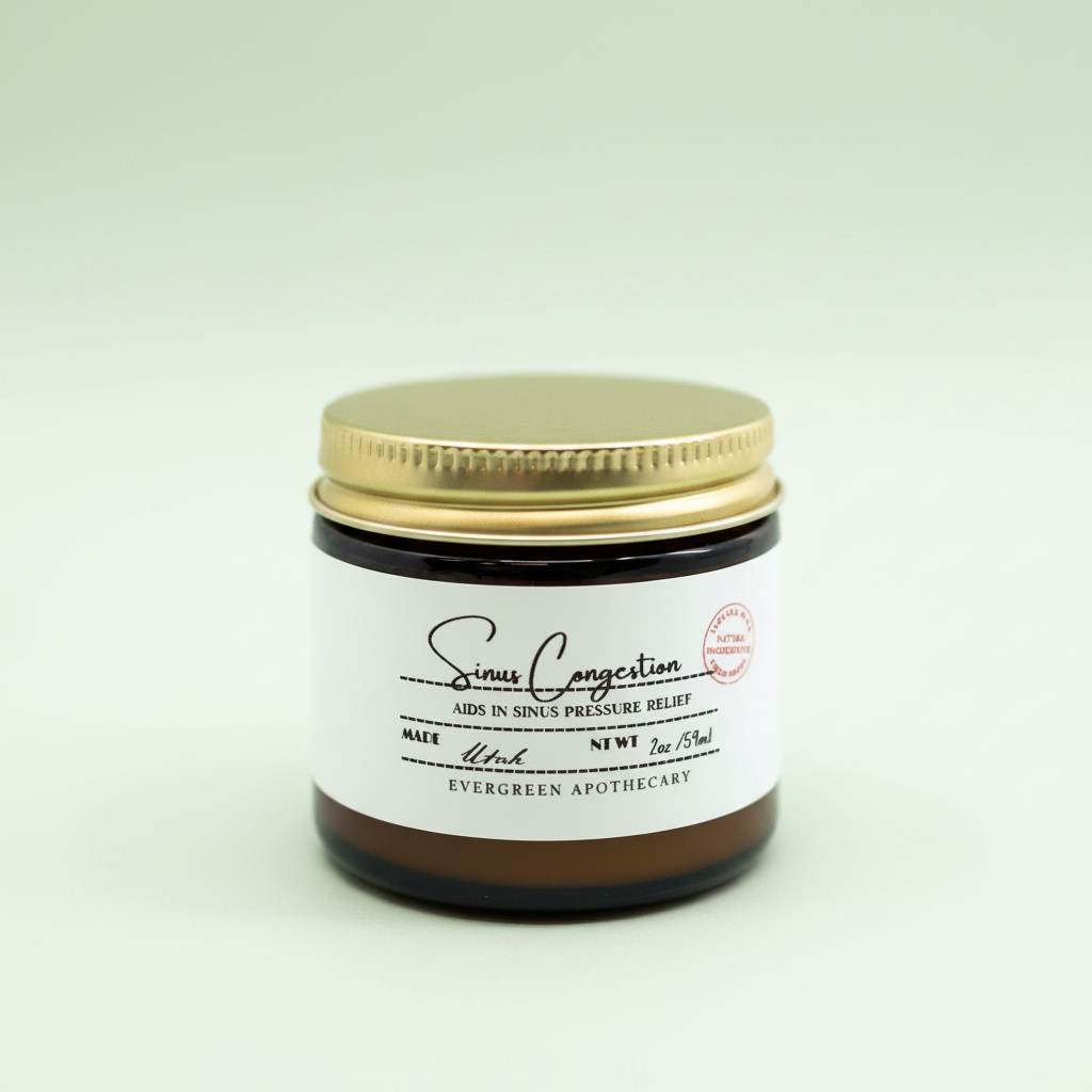 Eucalyptus & Herb Sinus Congestion Salve jar on pale green background