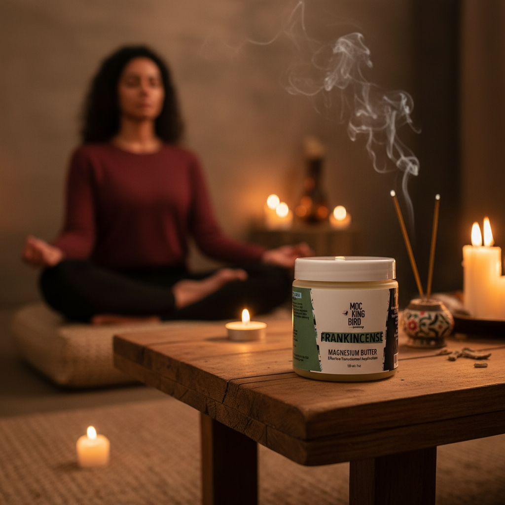 Frankincense Magnesium Butter on meditation altar with candles and incense in warm candlelit room