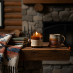Santa Fe Trail candle on rustic cabin mantle with Southwestern blanket, books and ceramic mug