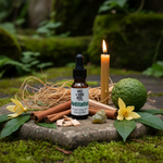 Meditation Essential Oil Blend – eclectic outdoor on ancient mossy stone with vetiver, sandalwood, patchouli and lit taper candle
