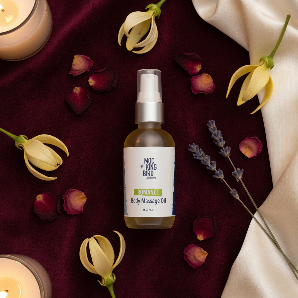 Ylang Ylang & Clary Sage Romance Massage Oil flat lay on burgundy velvet with ylang ylang flowers, rose petals and lavender