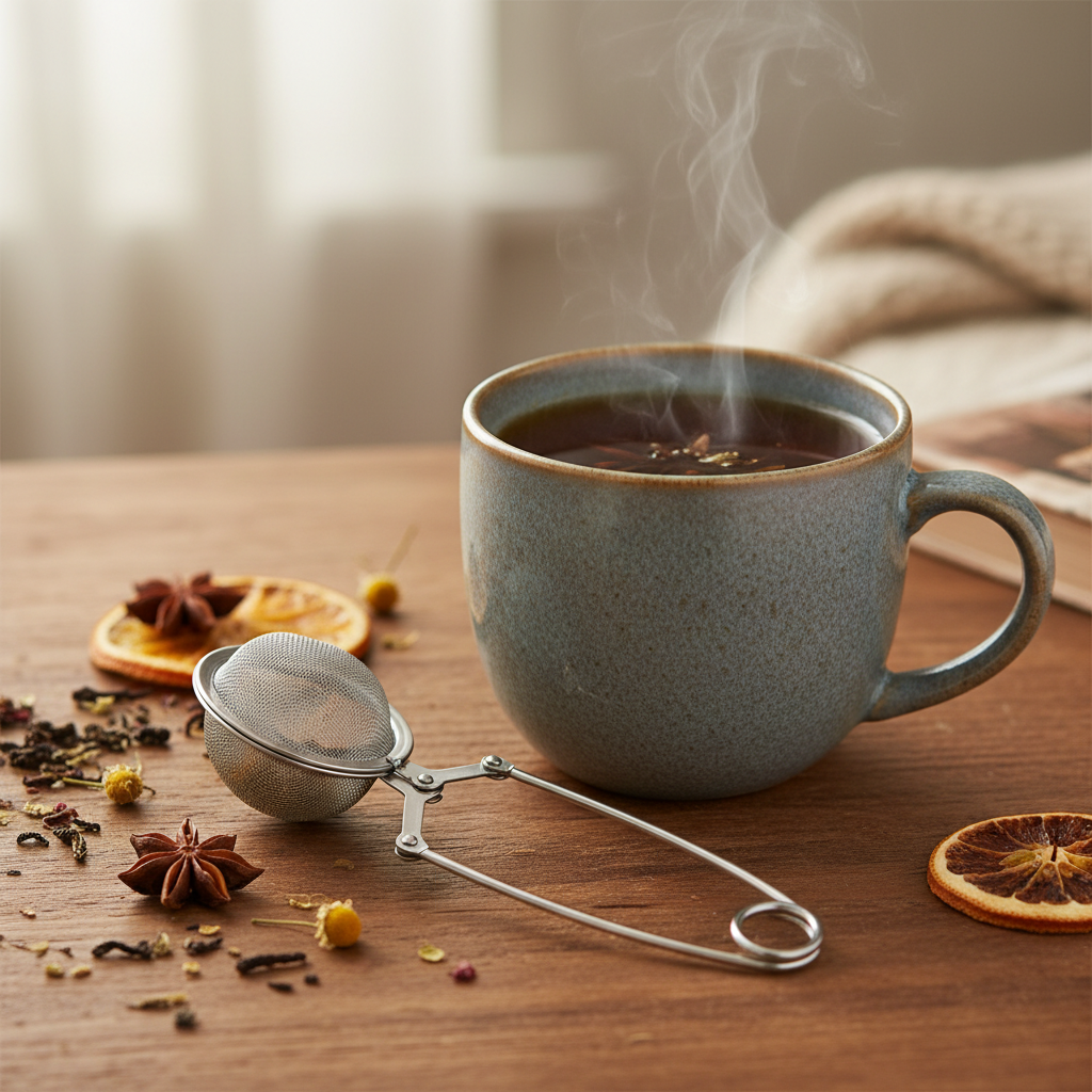 Snap mesh tea ball infuser beside a ceramic mug with loose-leaf tea lifestyle shot