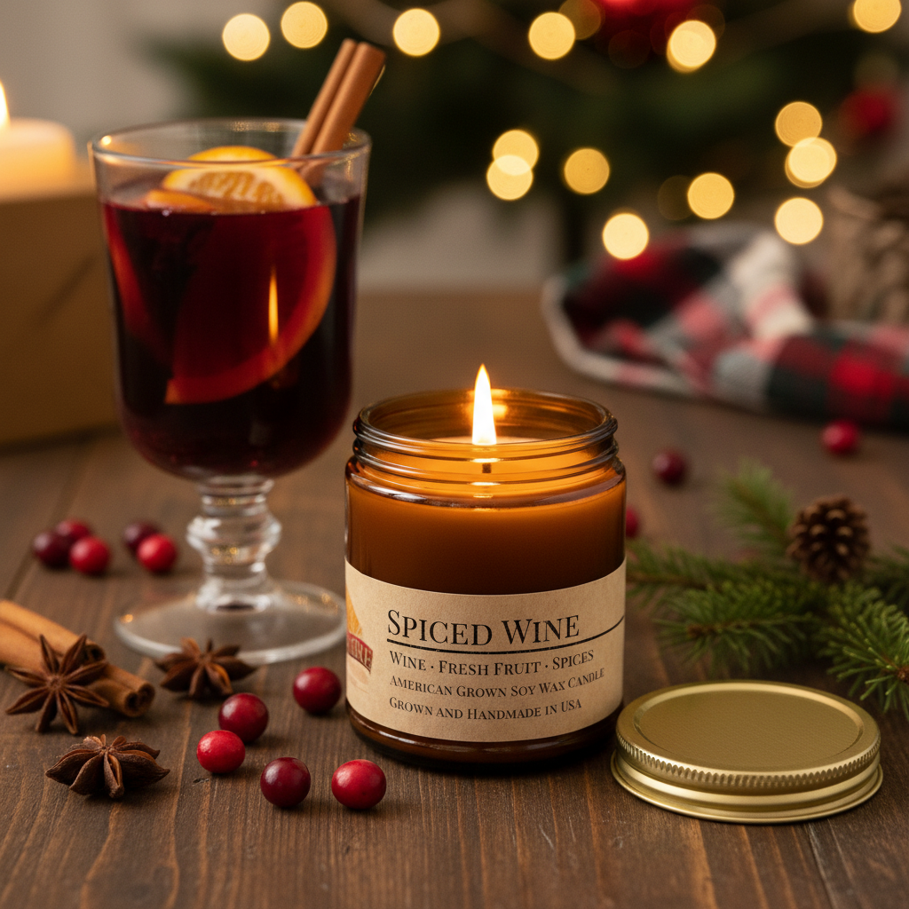 Spiced Wine candle lit on festive holiday table with mulled wine glass, orange slices, cranberries and pine