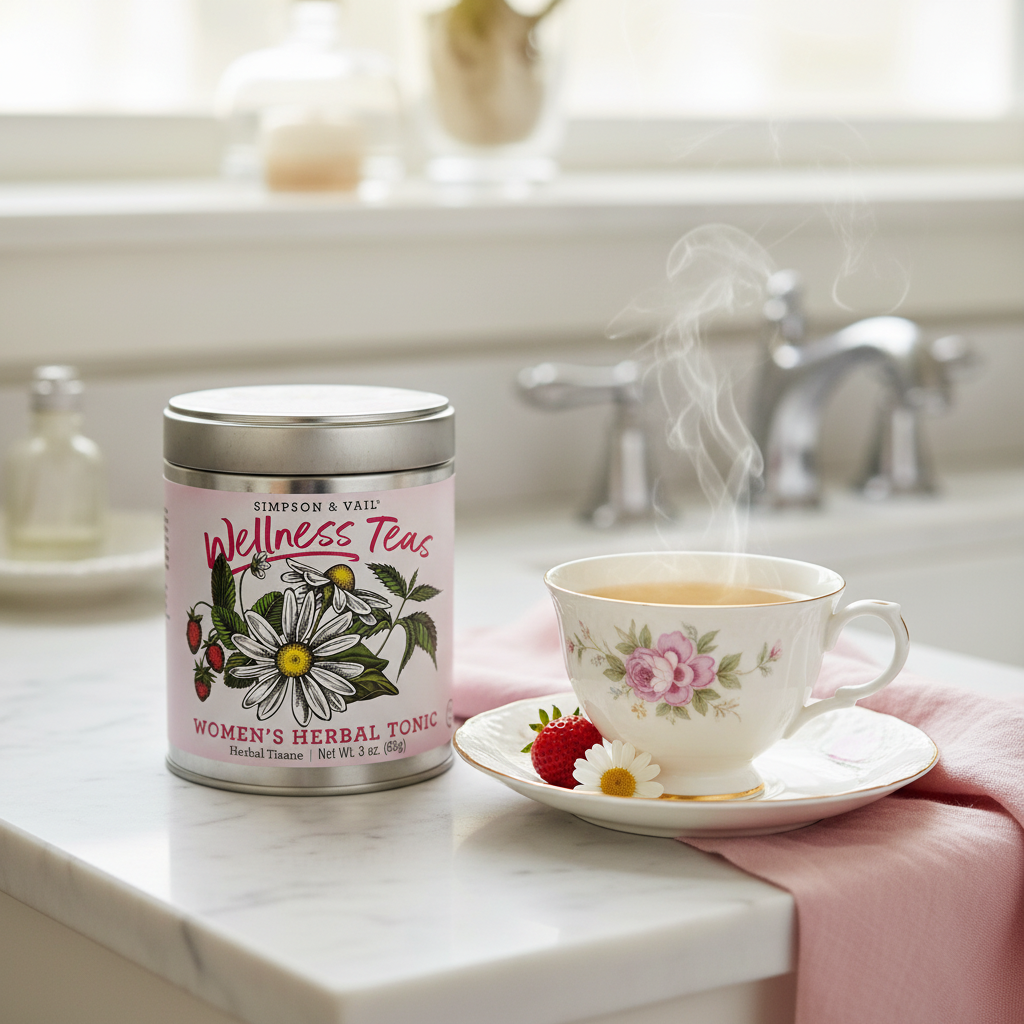 Women's Tonic Herbal Tisane tin beside floral porcelain teacup and saucer with chamomile flower and strawberry on vanity shelf