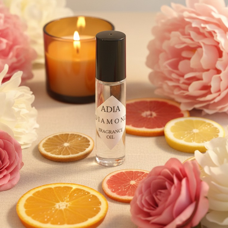 Adia Diamond Fragrance Oil styled with amber candle, pink florals, and citrus on cream linen
