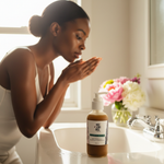 Aloe Turmeric ACV Cleanser on bathroom counter with radiant Black woman washing face in bright morning light