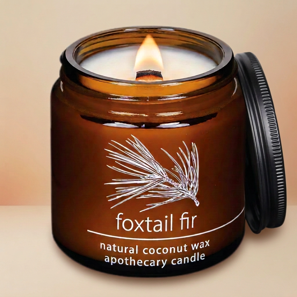 Hemlock Park Foxtail Fir 4 oz amber candle with a lit wood wick and ridged black lid on a warm oat background