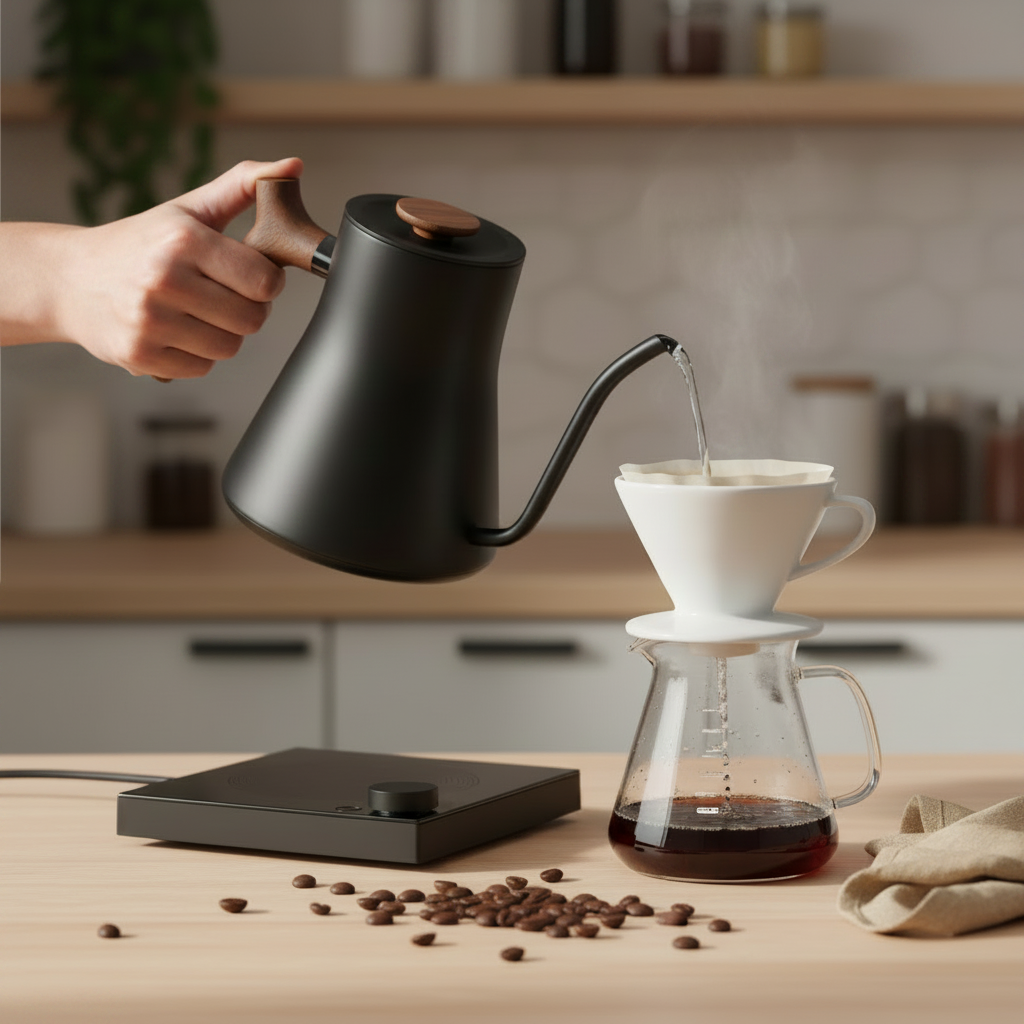 Hands holding Fellow Stagg EKG Pro Studio Edition walnut handle kettle pouring over ceramic dripper on wood surface