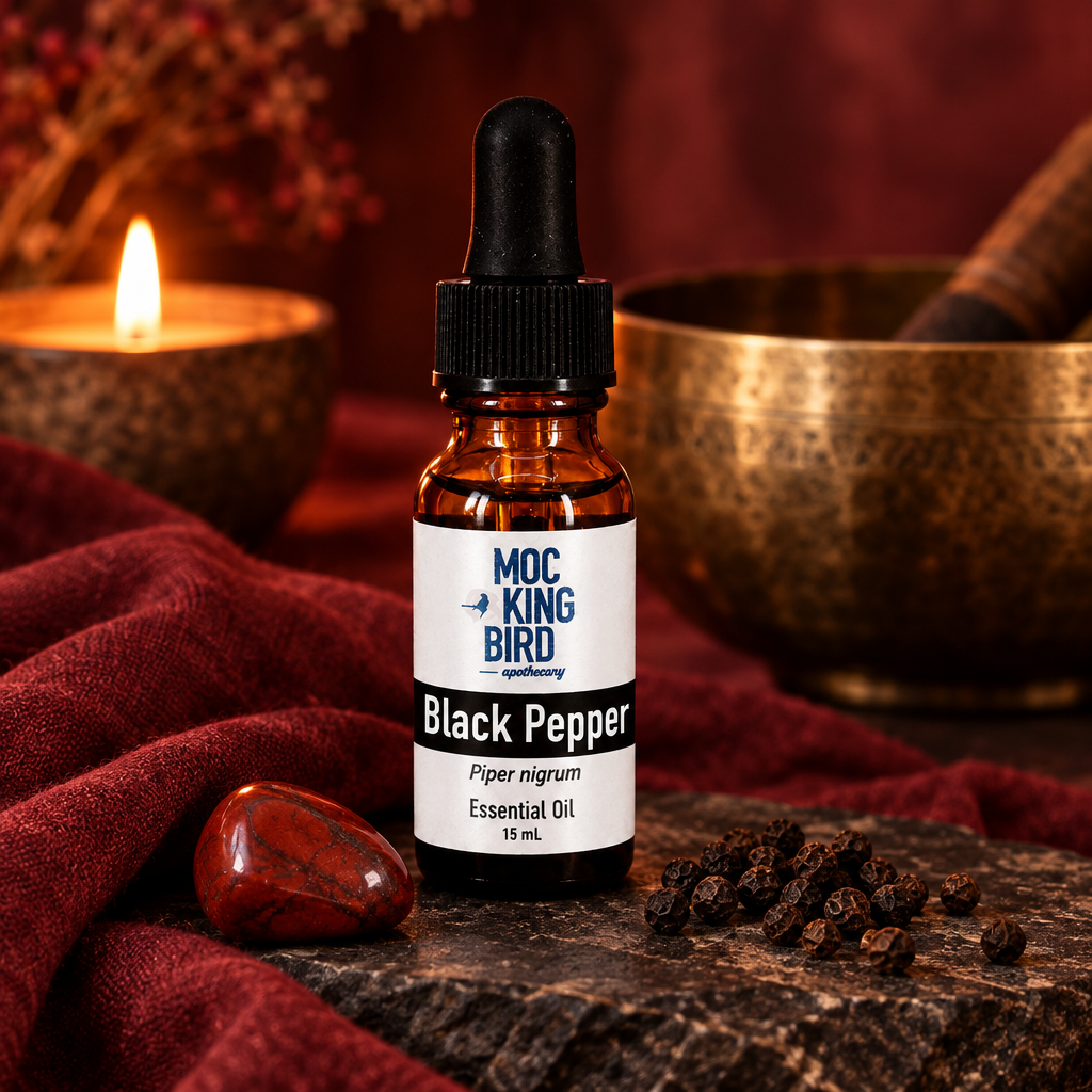 Black Pepper Essential Oil in a burgundy and stone meditation setting.