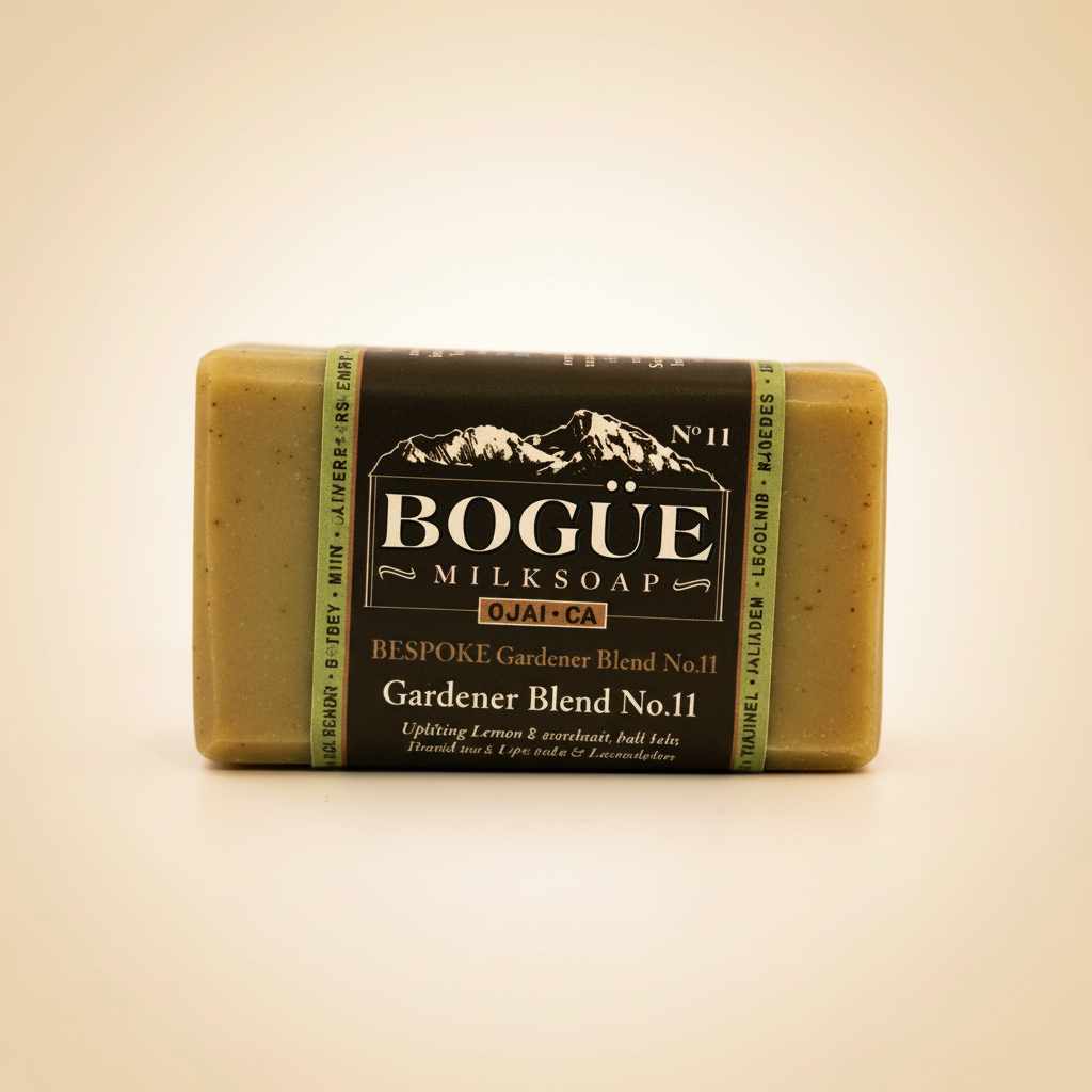 No.11 BESPOKE Gardener Blend Goat Milk Bar Soap – hero product shot on warm amber background