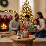 Christmas Morning Essential Oil Blend – lifestyle with diverse family on Christmas morning, gifts, tree and fireplace