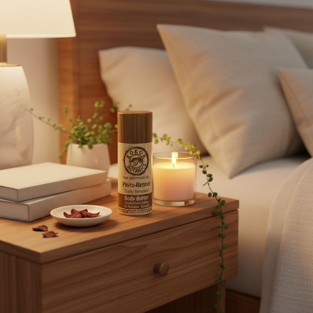 Phyto Retinol Facial Butter Stick by Kokoa Botanics on wooden bedside nightstand with books, candle and rose petals