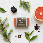 Bogüe Milk Soap No.32 Wellness Detox Wash – lifestyle flat lay with activated charcoal, grapefruit, juniper and clove