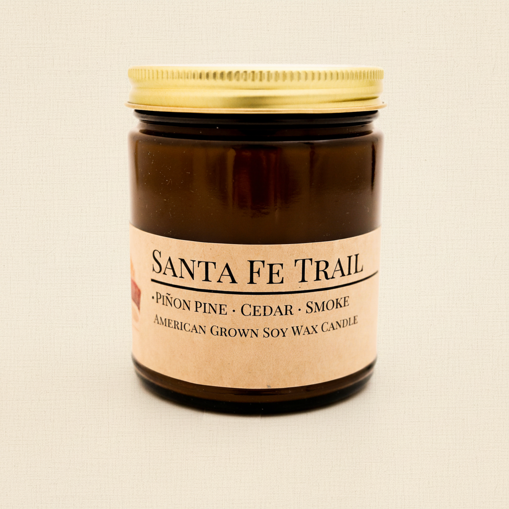 Santa Fe Trail soy candle in amber apothecary jar on warm cream linen background