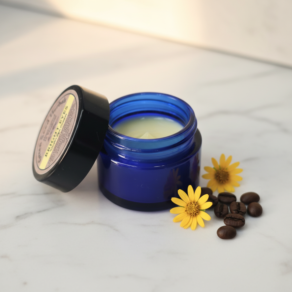 Bright Eyes Under Eye Cream cobalt blue jar on white marble vanity with arnica flowers and coffee beans in soft morning light