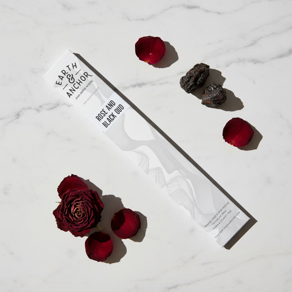 Rose and Black Oud incense lifestyle flat lay with dark rose petals and oud wood resin on white marble