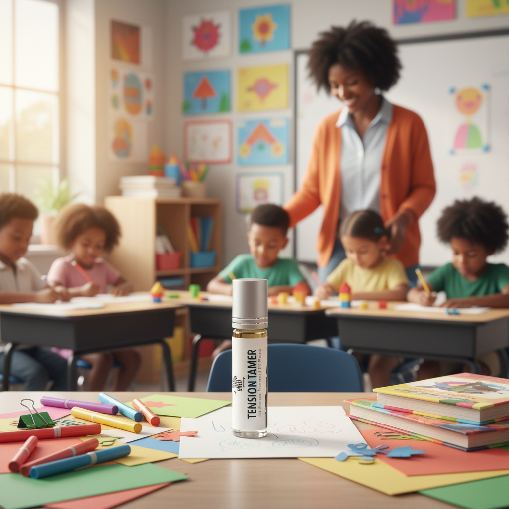 Tension Tamer rollerball on teacher's desk in colorful elementary school classroom