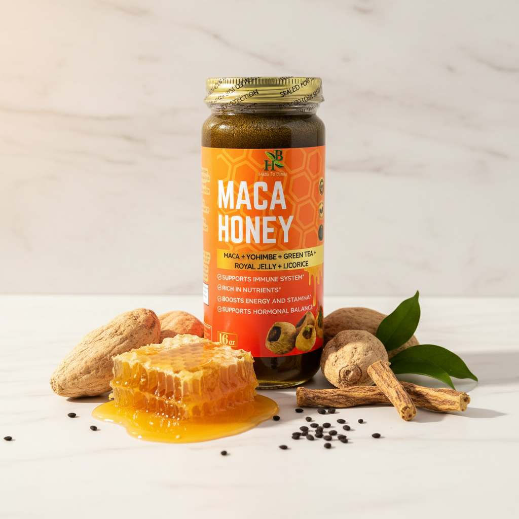 Herb To Body Maca Honey styled with maca root, honeycomb, and adaptogens on marble