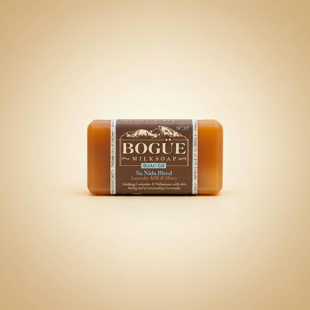 Bogüe Milk Soap No.37 Su Nido Lavender Palmarosa Coriander Goat Milk Bar Soap – hero on warm amber background