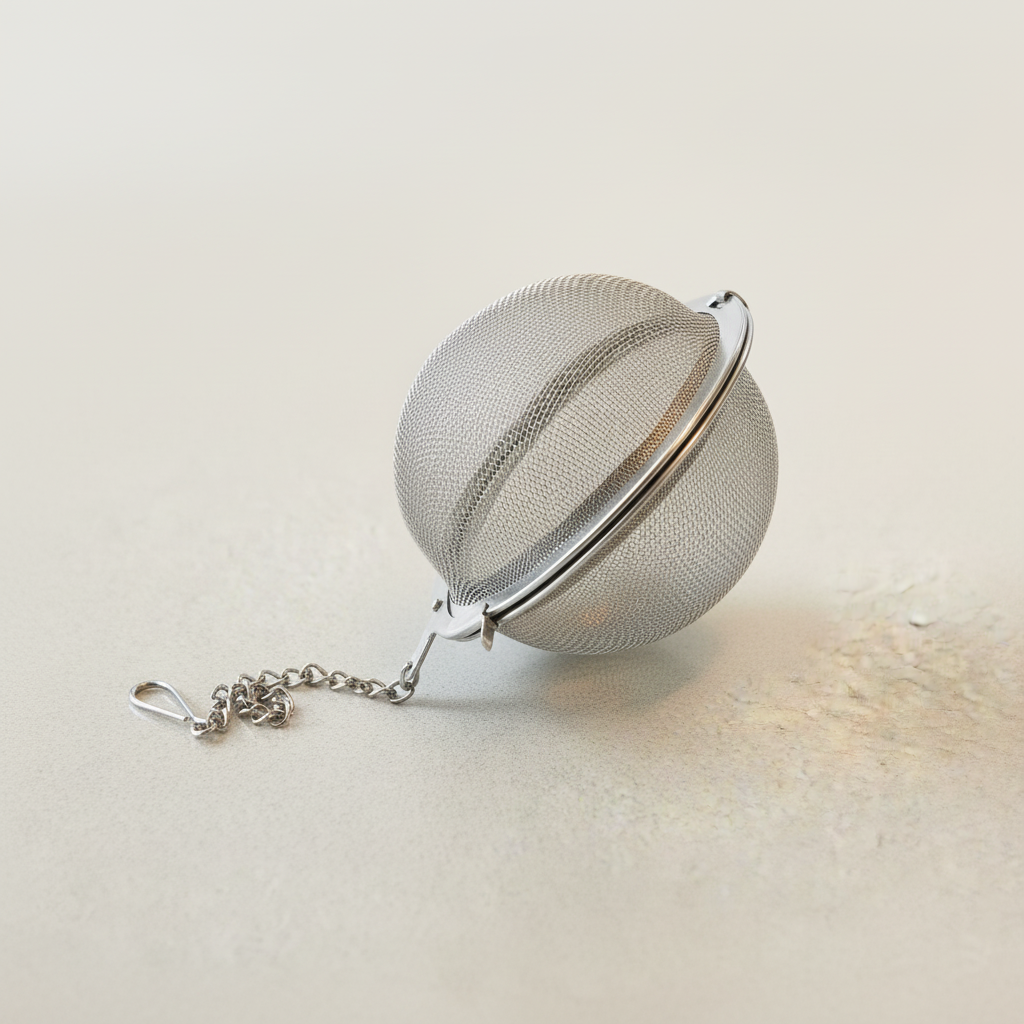 Stainless steel mesh tea ball infuser on clean white background