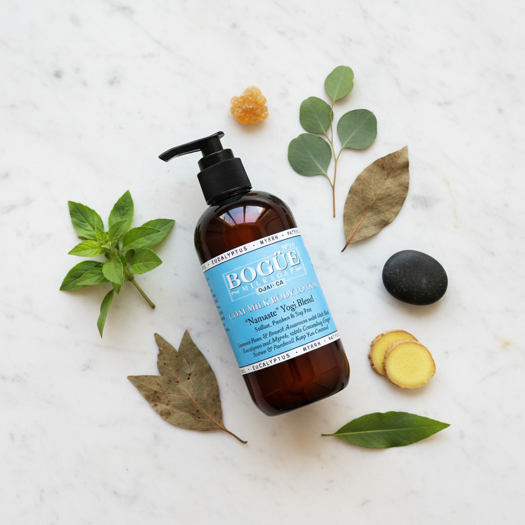 Bogüe Milk Soap No.19 Namaste Yogi Blend – lifestyle flat lay with holy basil, eucalyptus, patchouli and ginger