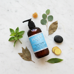 Bogüe Milk Soap No.19 Namaste Yogi Blend – lifestyle flat lay with holy basil, eucalyptus, patchouli and ginger