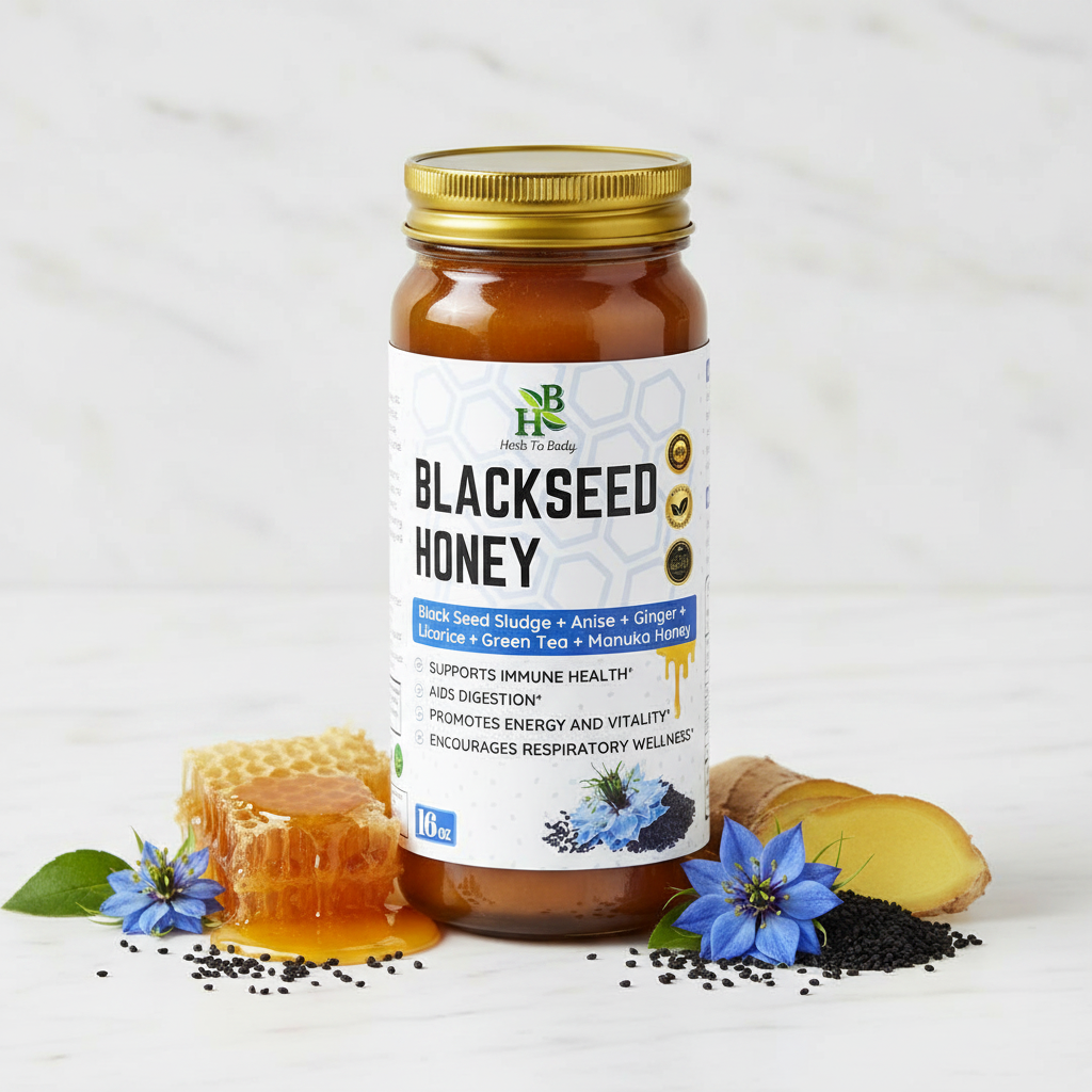 Herb To Body Black Seed Honey styled with nigella seeds, blue flowers, honeycomb, and ginger on marble