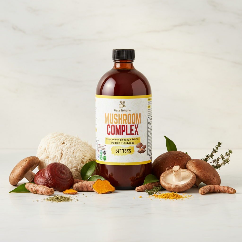 Herb To Body Mushroom Complex Bitters styled with lion's mane, reishi, shiitake, and turmeric on marble